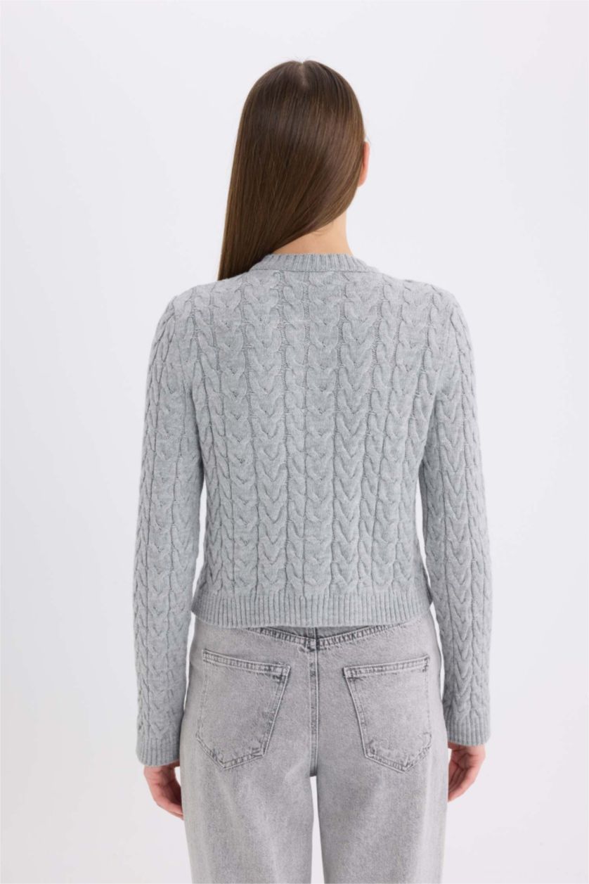 WOMAN Light Grey Melange Regular Fit Crew Neck Cardigan