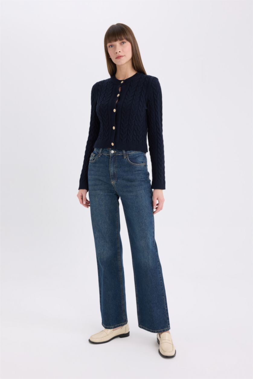 WOMAN NAVY Regular Fit Crew Neck Knitted Buttoned Knitwear Cardigan