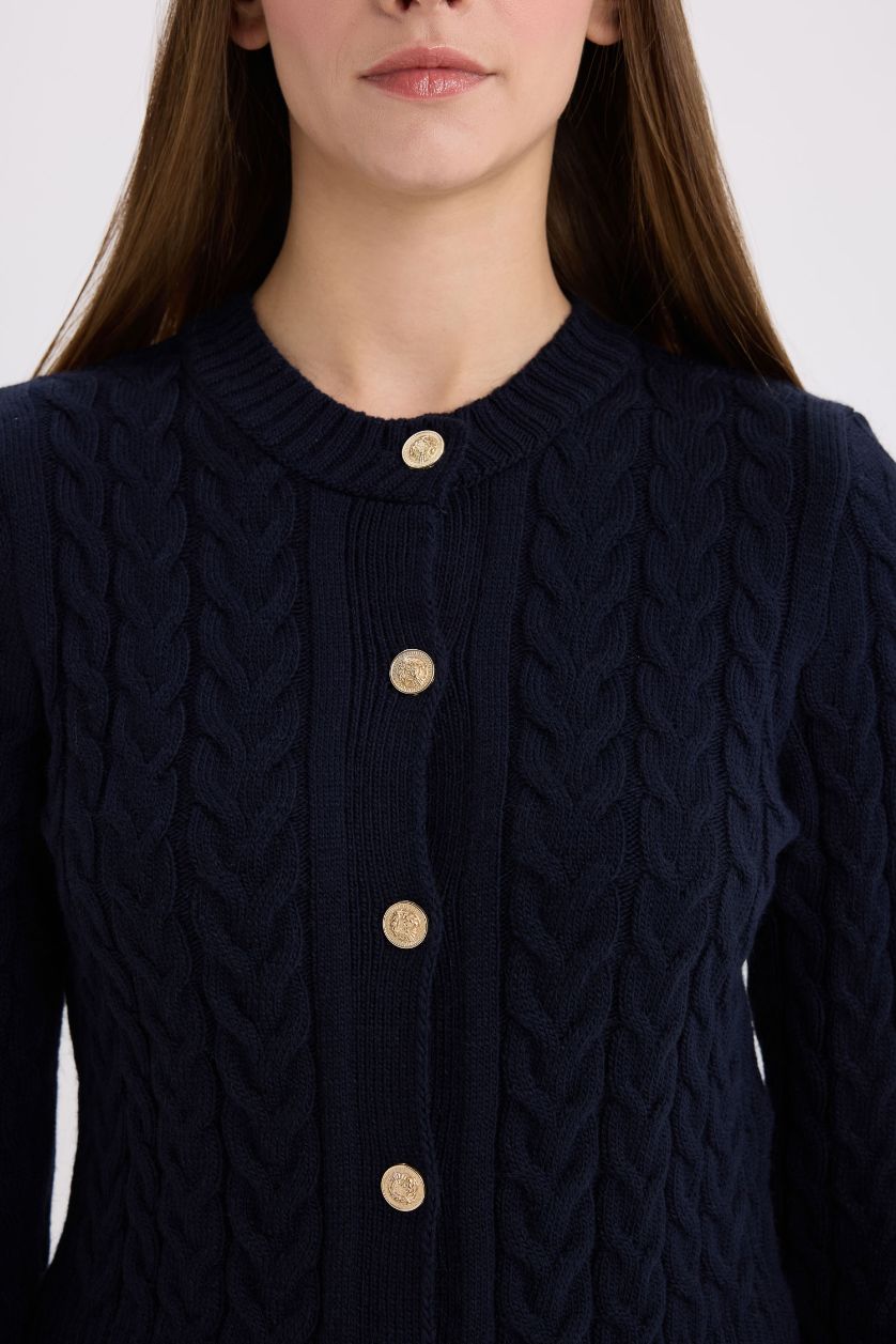 WOMAN NAVY Regular Fit Crew Neck Knitted Buttoned Knitwear Cardigan