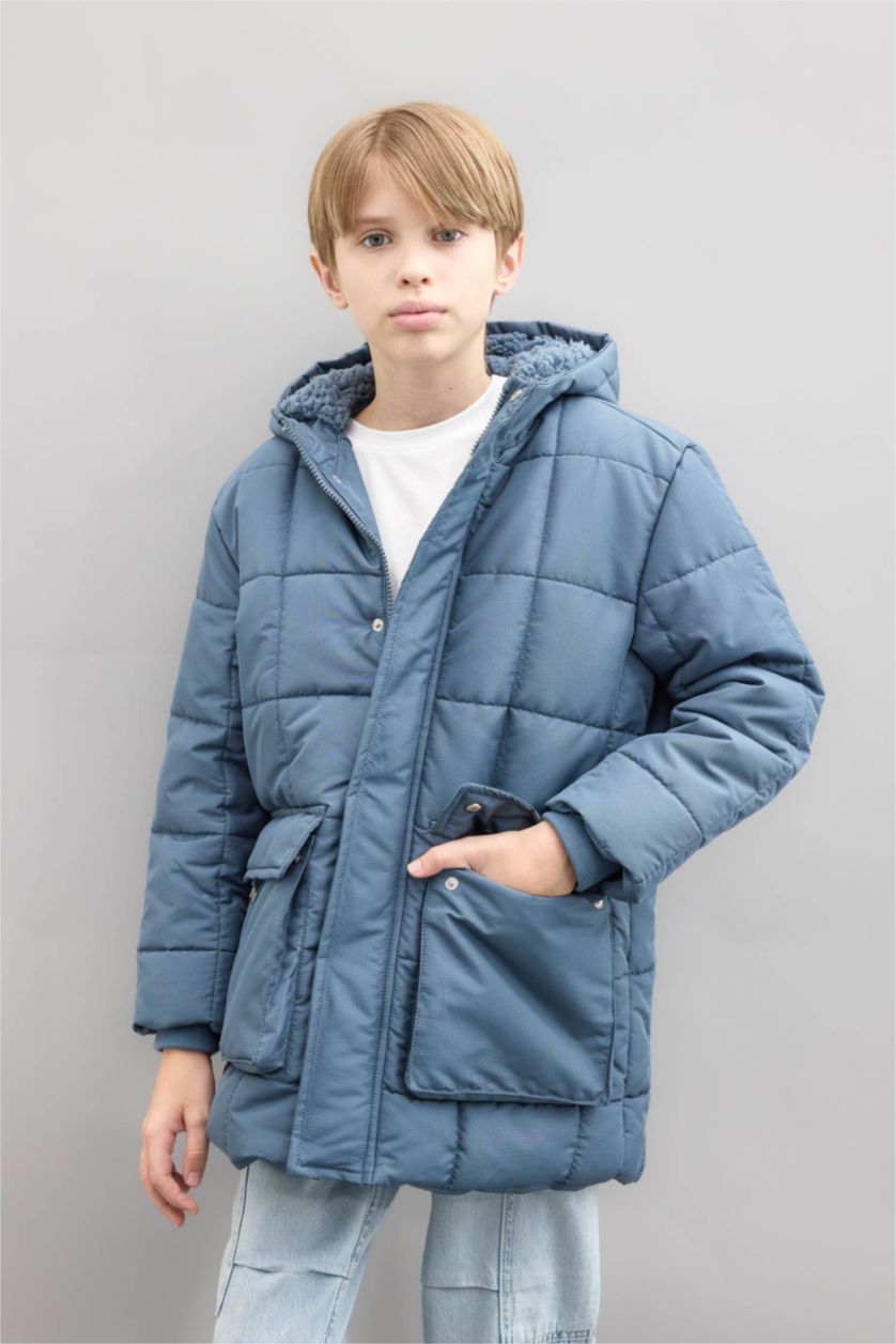 GARÇONS Indigo Clair Manteau à capuche imperméable avec doublure en peluche et poches zippées pour garçon