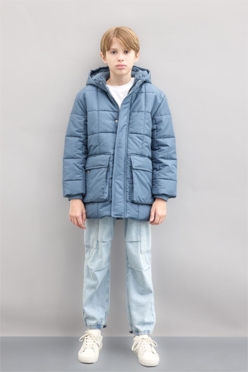 GARÇONS Indigo Clair Manteau à capuche imperméable avec doublure en peluche et poches zippées pour garçon
