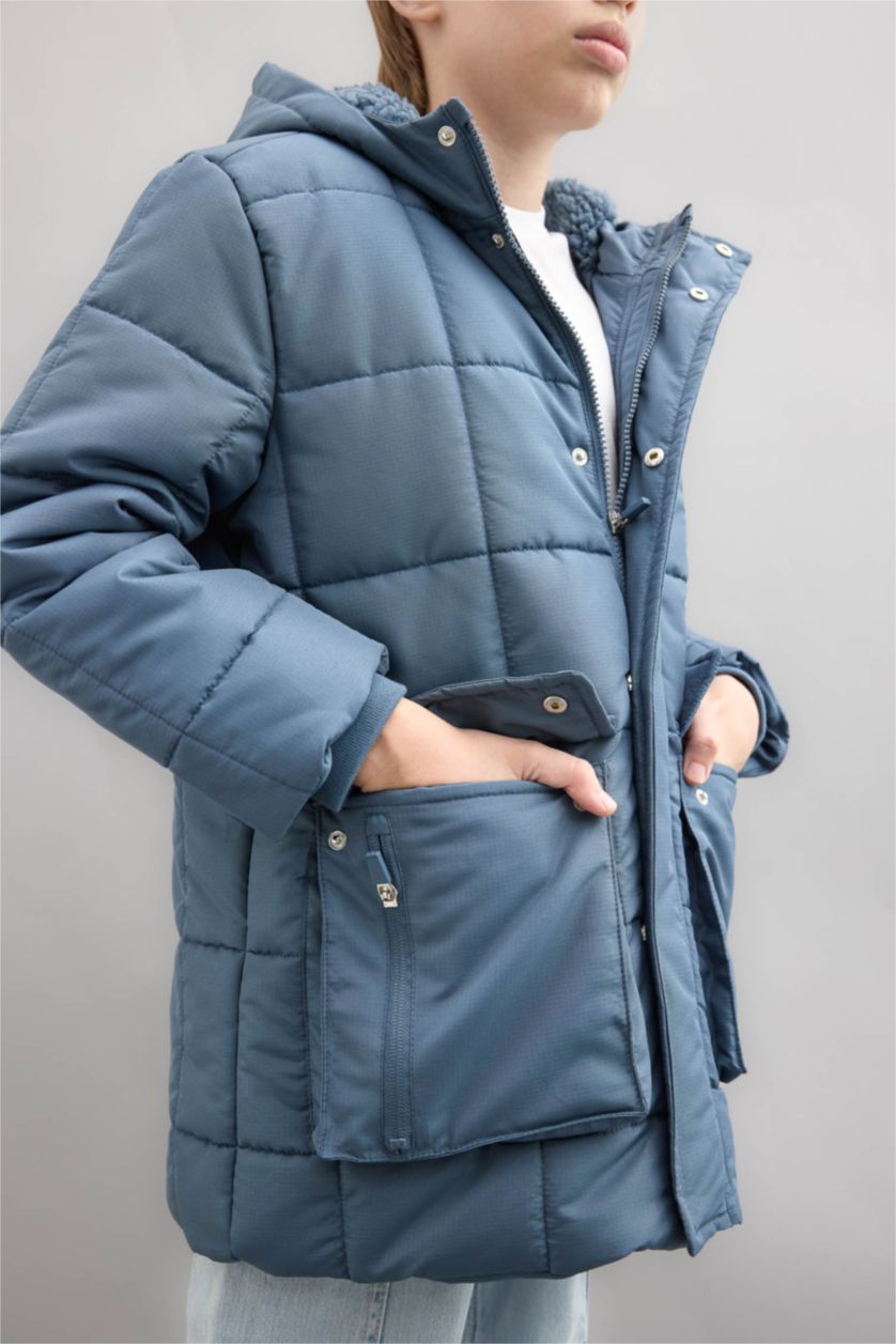 GARÇONS Indigo Clair Manteau à capuche imperméable avec doublure en peluche et poches zippées pour garçon