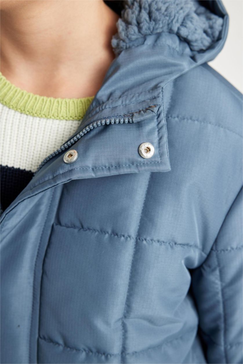 GARÇONS Indigo Clair Manteau à capuche imperméable avec doublure en peluche et poches zippées pour garçon