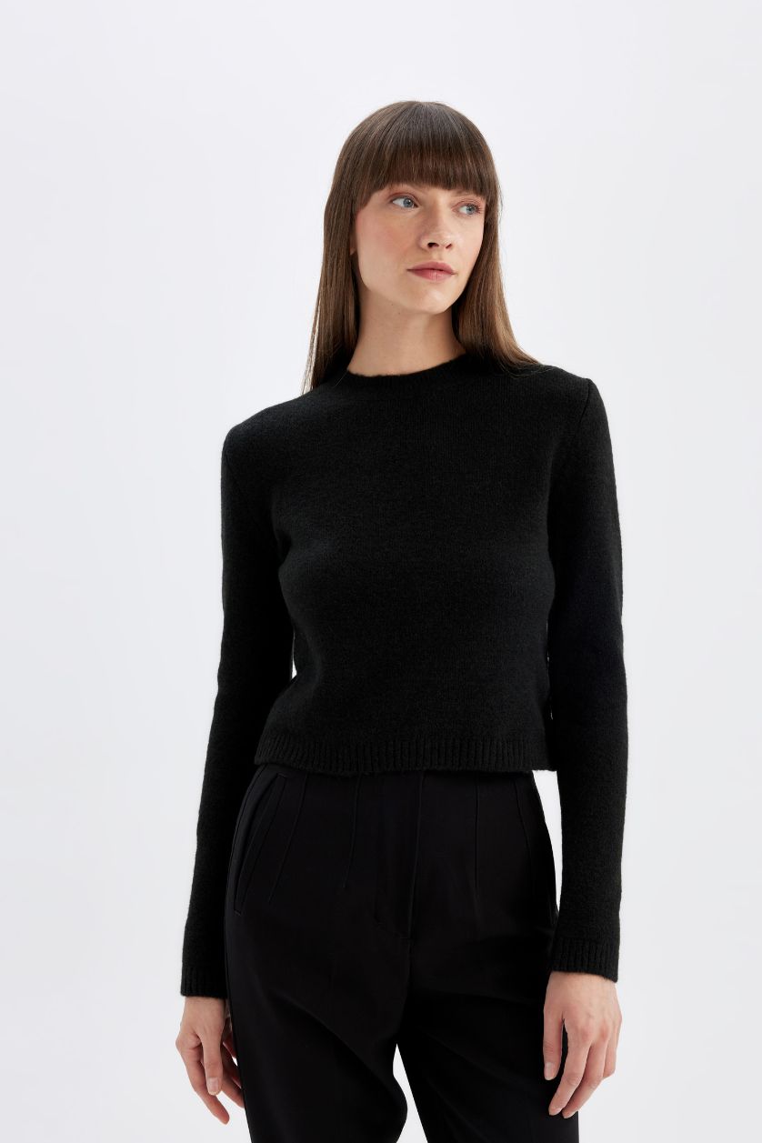 حريمي أسود بلوفر كروب بيزك بريميوم قصة عادية برقبة مستديرة