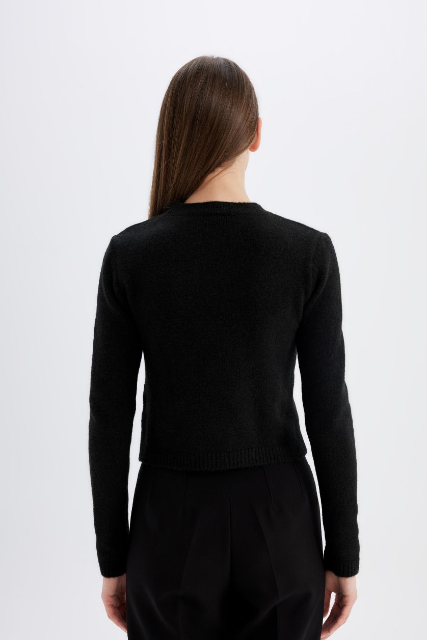 حريمي أسود بلوفر كروب بيزك بريميوم قصة عادية برقبة مستديرة