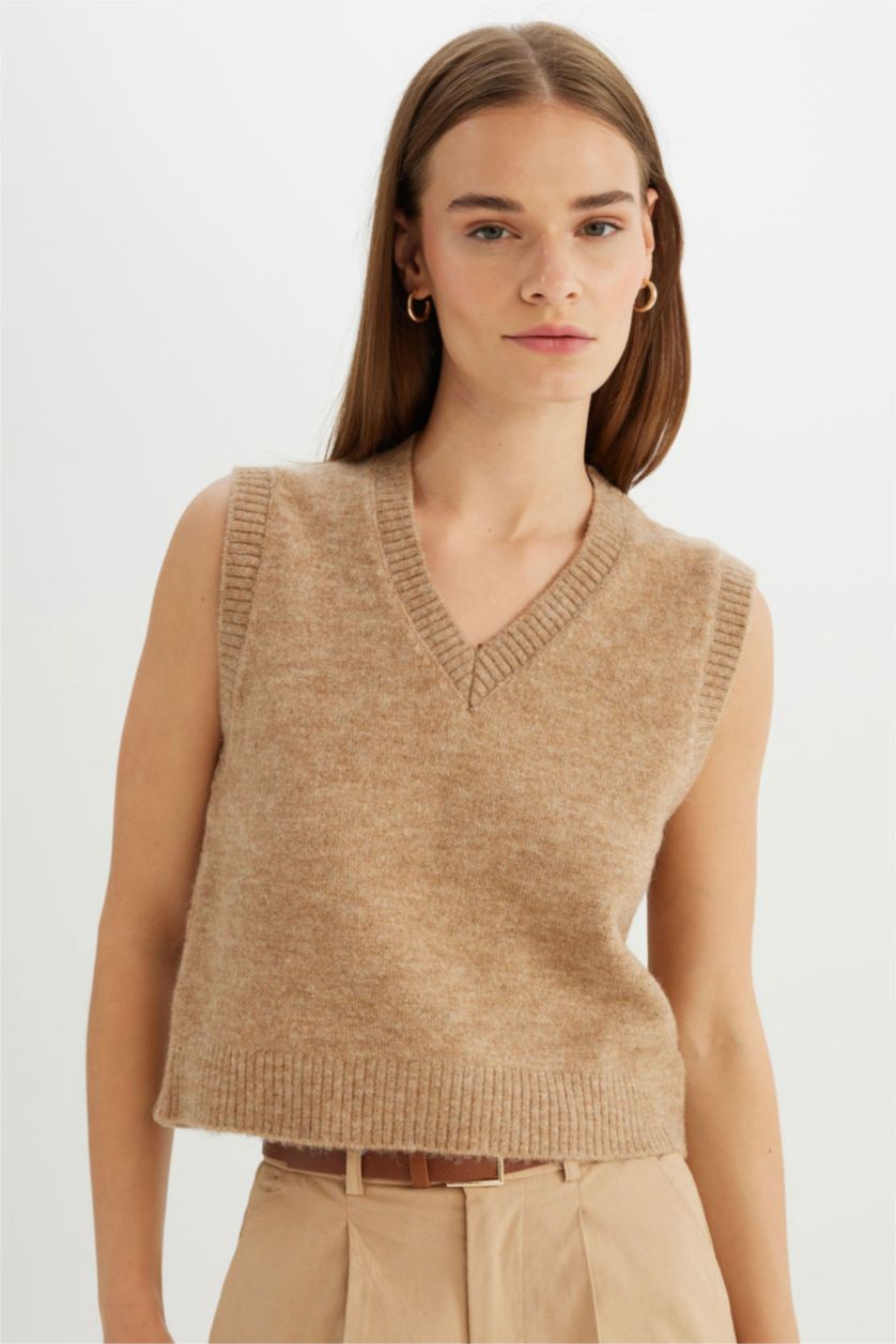 WOMAN Beige Regular Fit V Neck Premium Pullover
