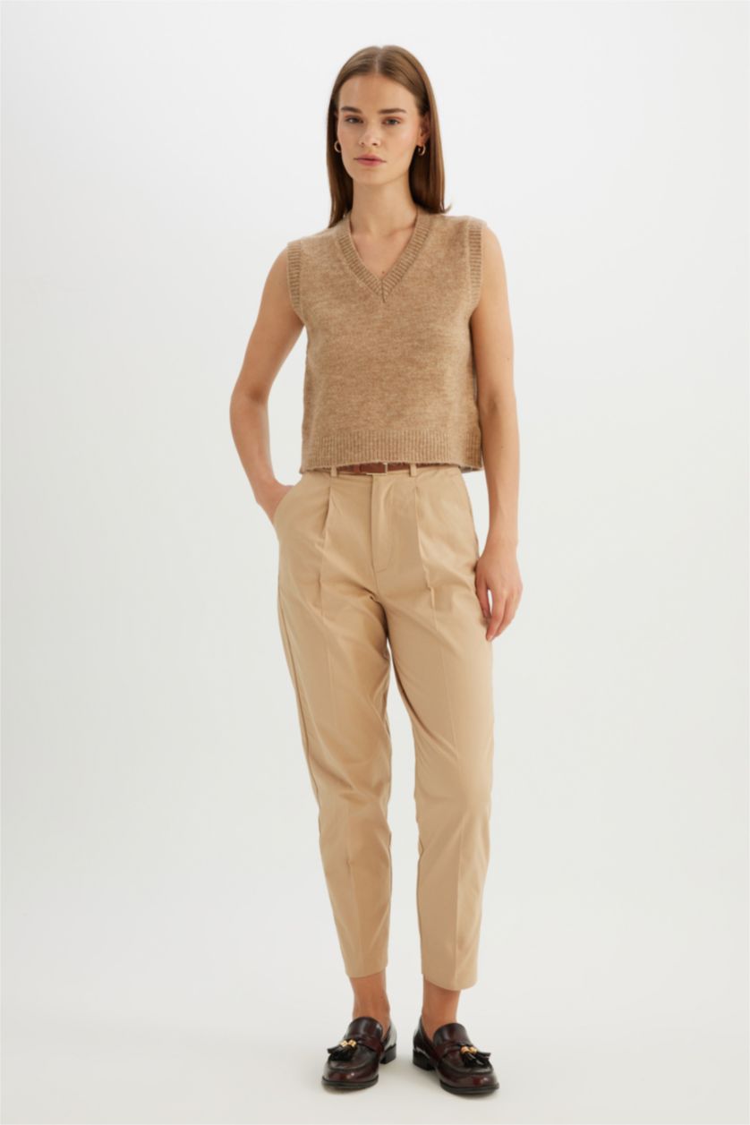 WOMAN Beige Regular Fit V Neck Premium Pullover