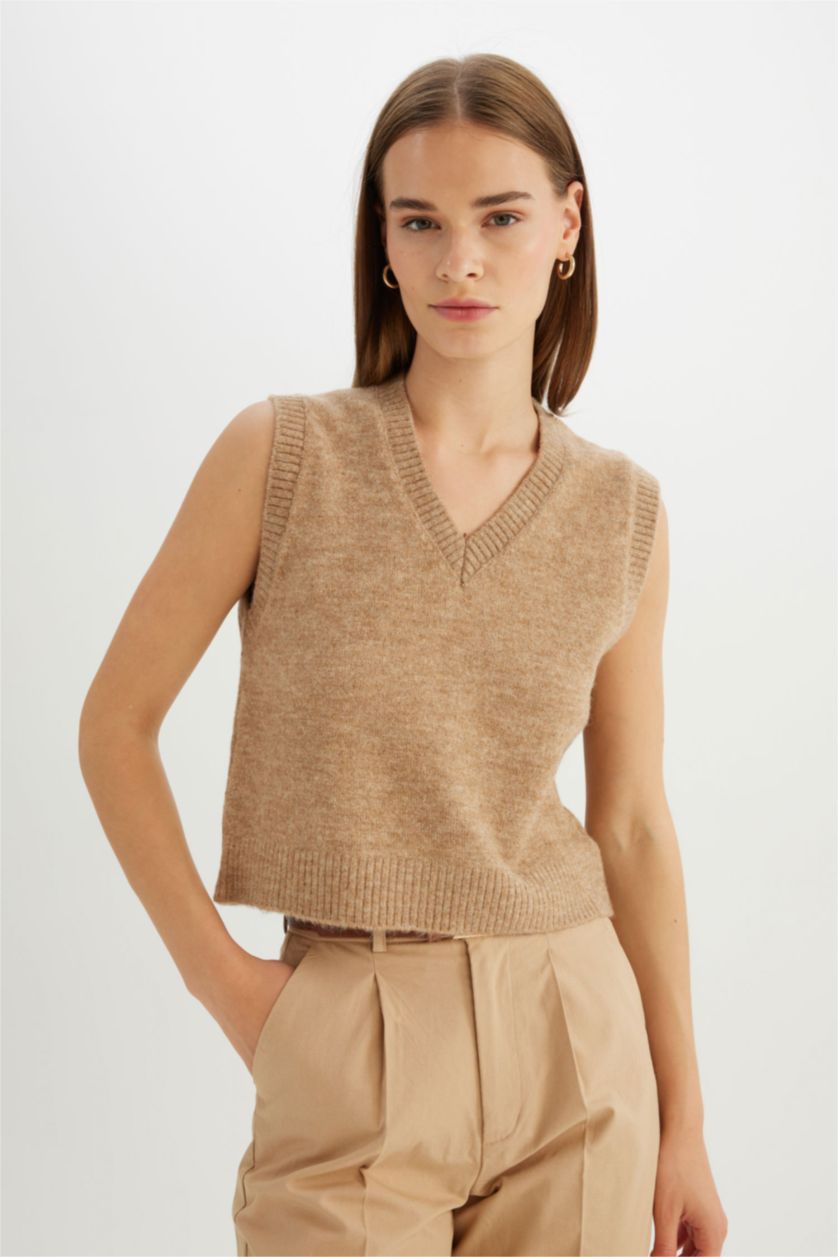 WOMAN Beige Regular Fit V Neck Premium Pullover