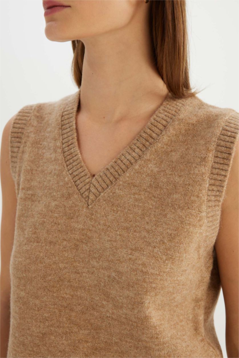 WOMAN Beige Regular Fit V Neck Premium Pullover