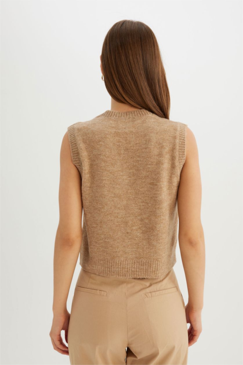 WOMAN Beige Regular Fit V Neck Premium Pullover