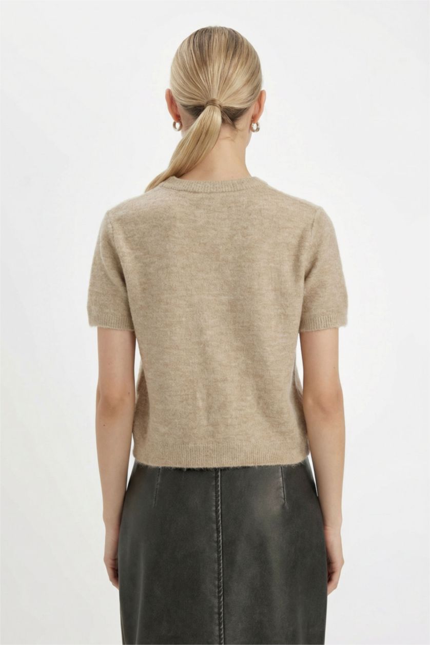 Kadın Bej Regular Fit Bisiklet Yaka Premium Basic Düz Kısa Kollu Triko Kazak