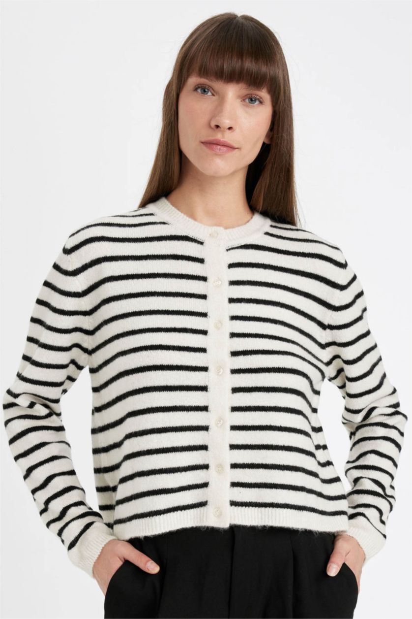 FEMME Écru Cardigan en Tricot rayé boutonné à Col rond et Coupe régulière