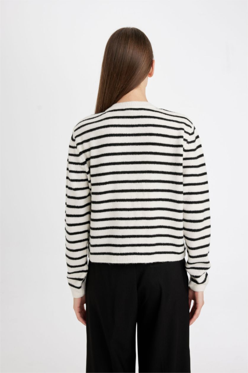 FEMME Écru Cardigan en Tricot rayé boutonné à Col rond et Coupe régulière