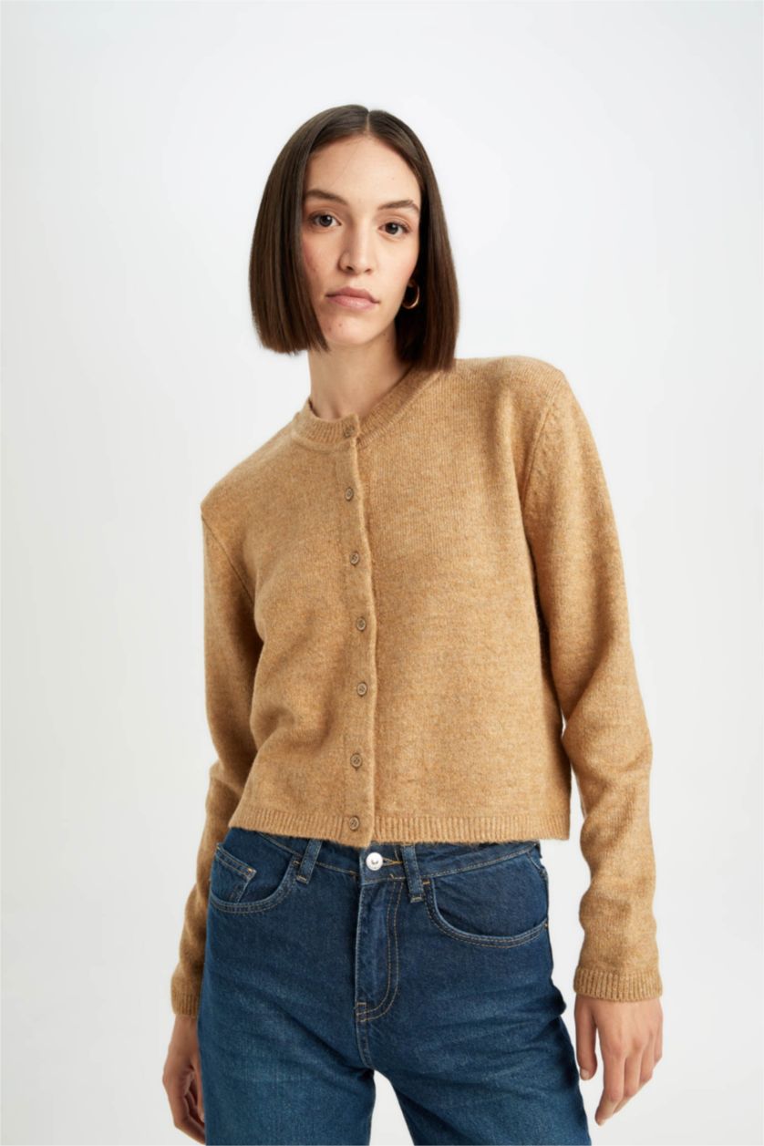 حريمي بيج كارديجان تريكو بيزك قصة عادية برقبة مستديرة