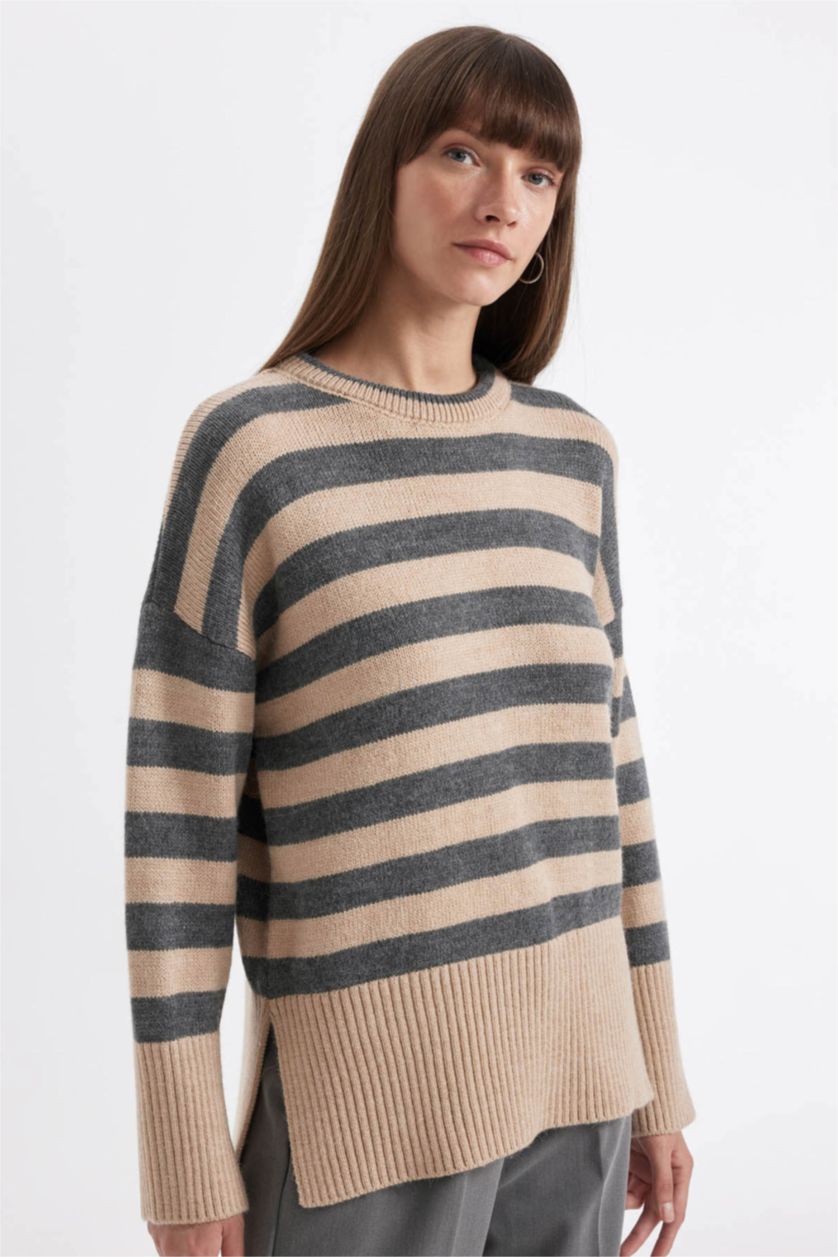 WOMAN Beige Oversize Fit Striped Crew Neck Pullover