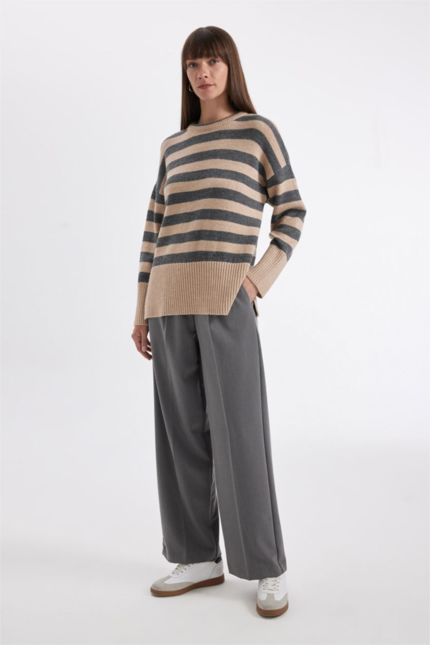 WOMAN Beige Oversize Fit Striped Crew Neck Pullover