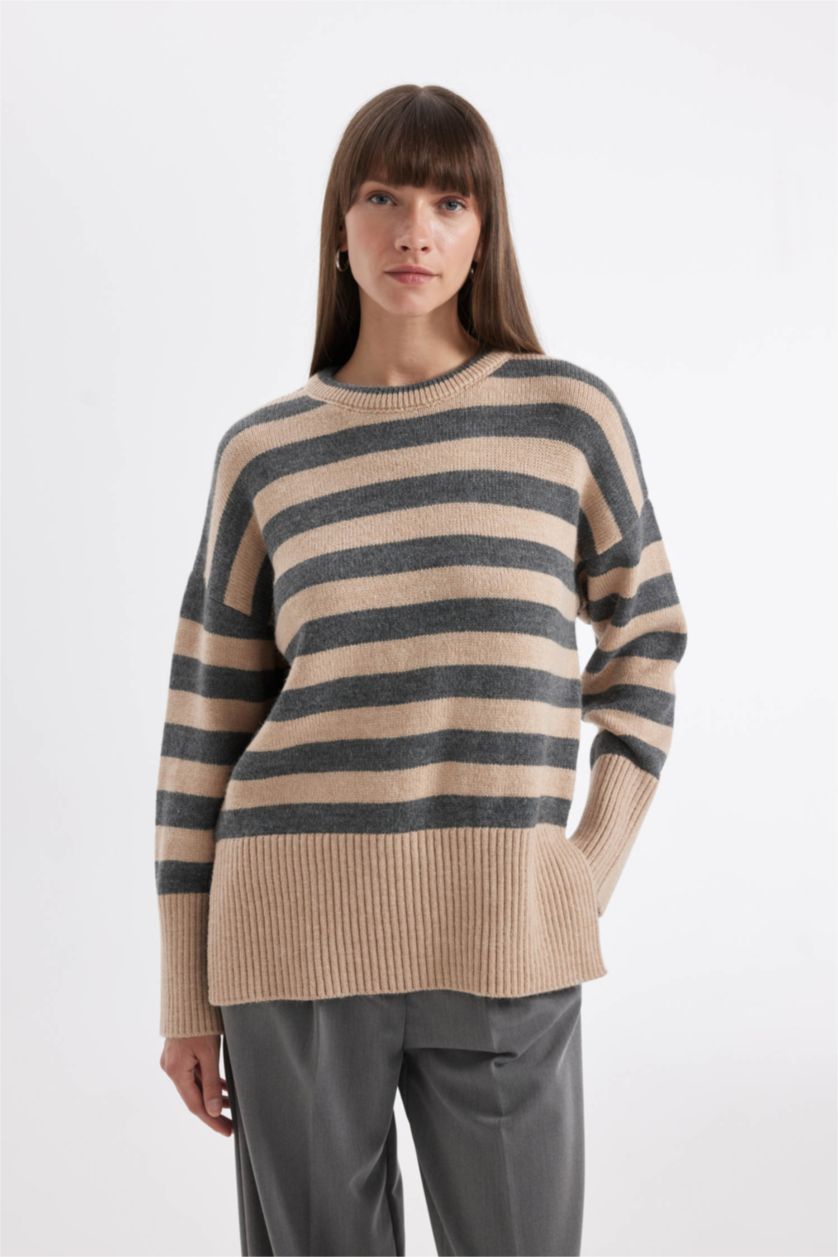WOMAN Beige Oversize Fit Striped Crew Neck Pullover