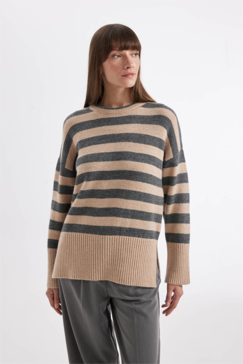 WOMAN Beige Oversize Fit Striped Crew Neck Pullover