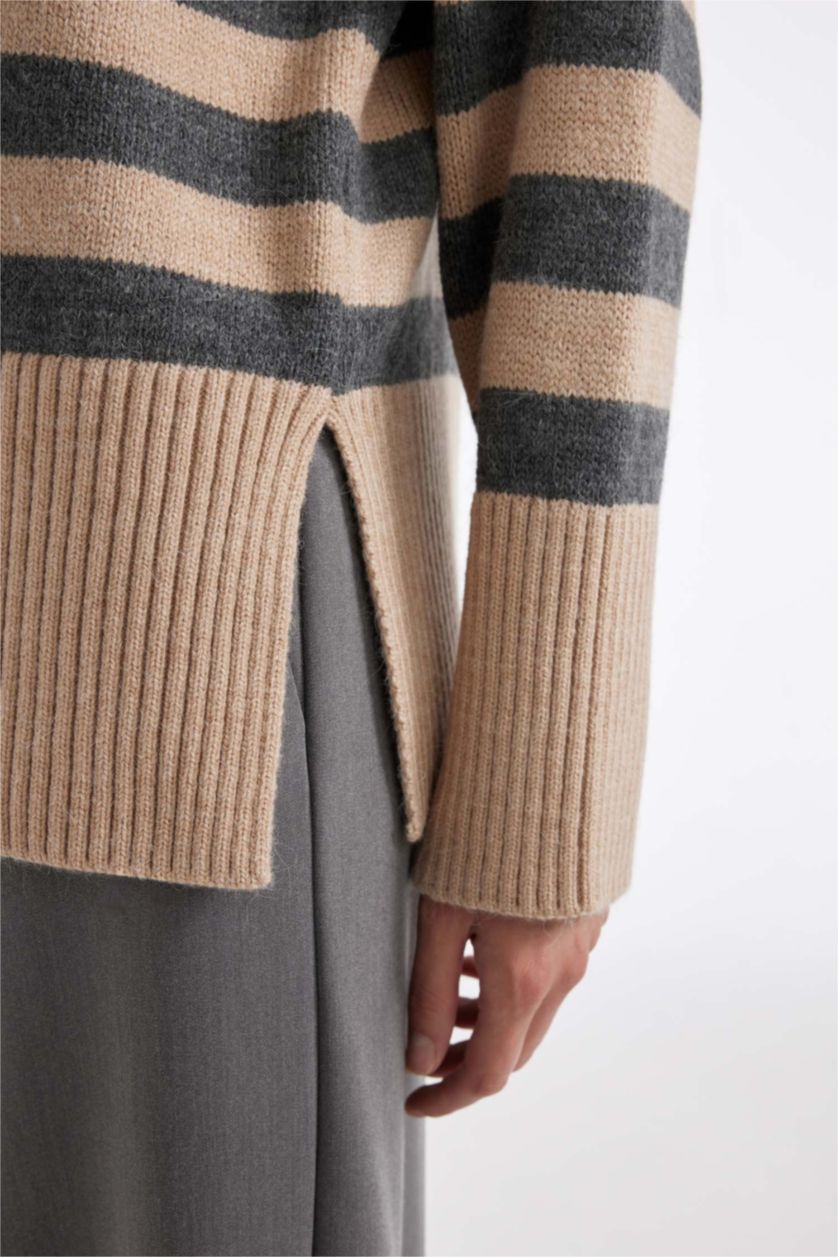 WOMAN Beige Oversize Fit Striped Crew Neck Pullover
