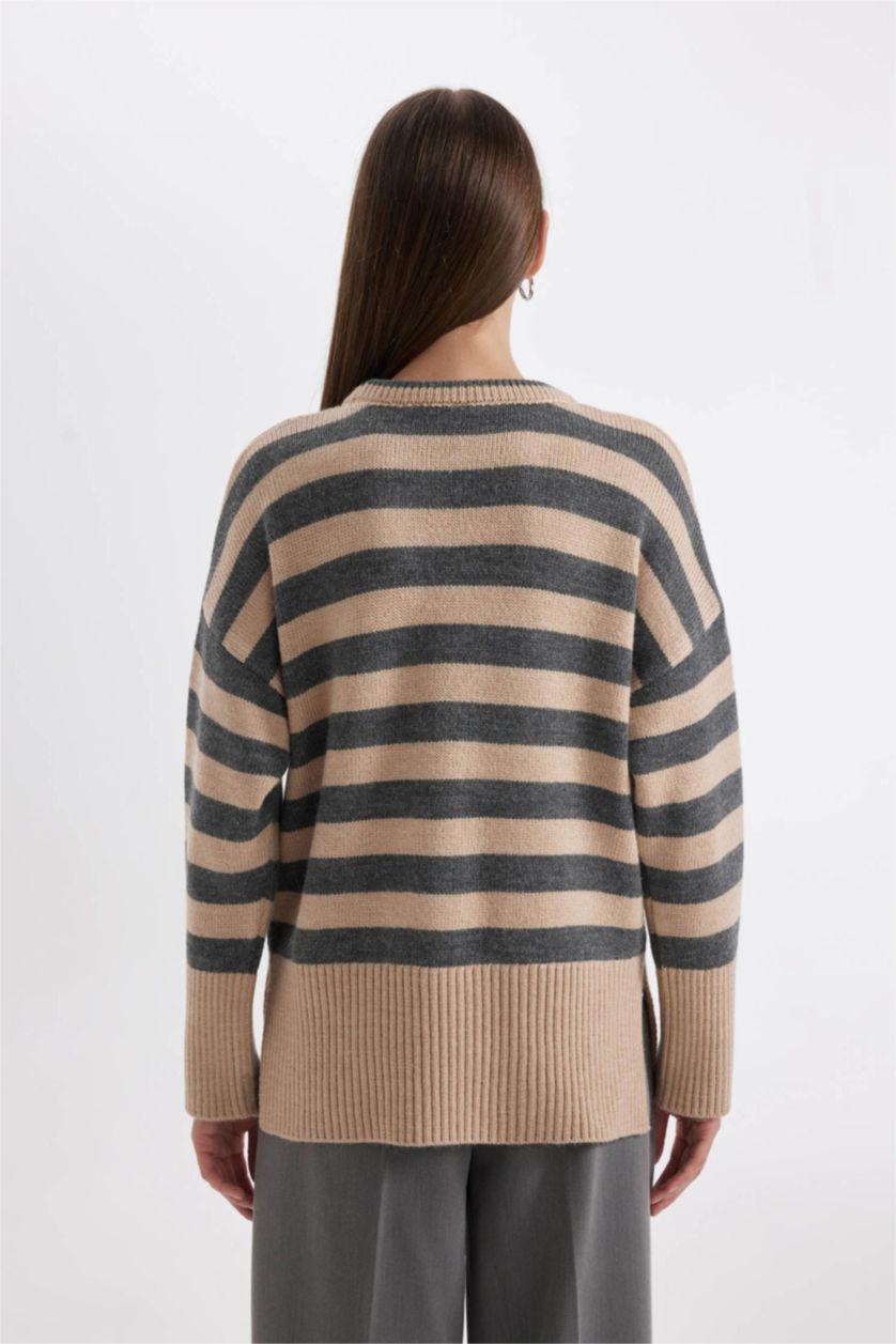 WOMAN Beige Oversize Fit Striped Crew Neck Pullover