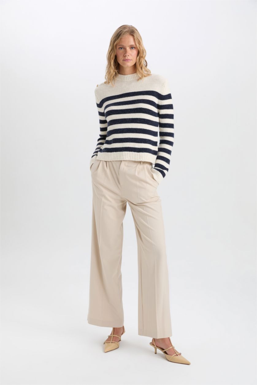 Kadın Ekru Regular Fit Yumuşak Dokulu Bisiklet Yaka Düğmeli Çizgili Triko Kazak