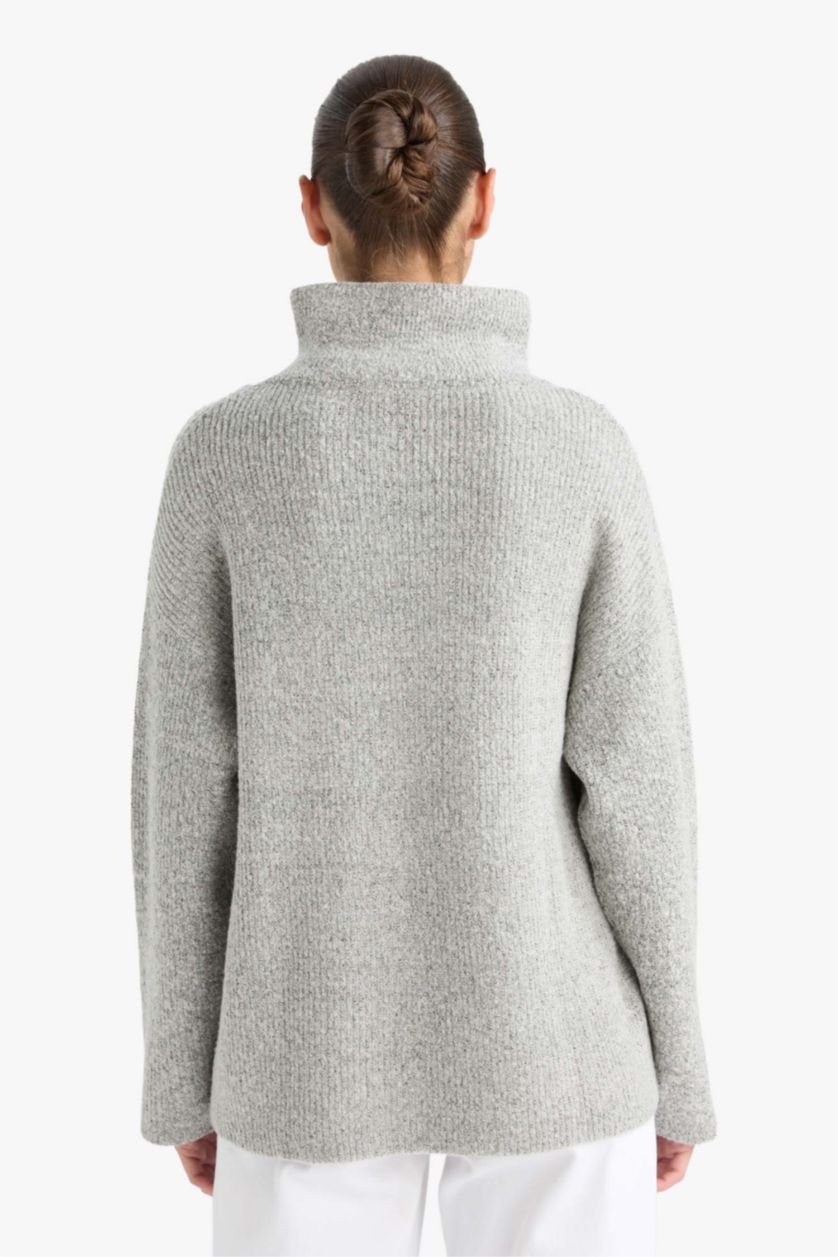 Женщины Серый Вязаный свитер Relax Fit с молнией до середины груди