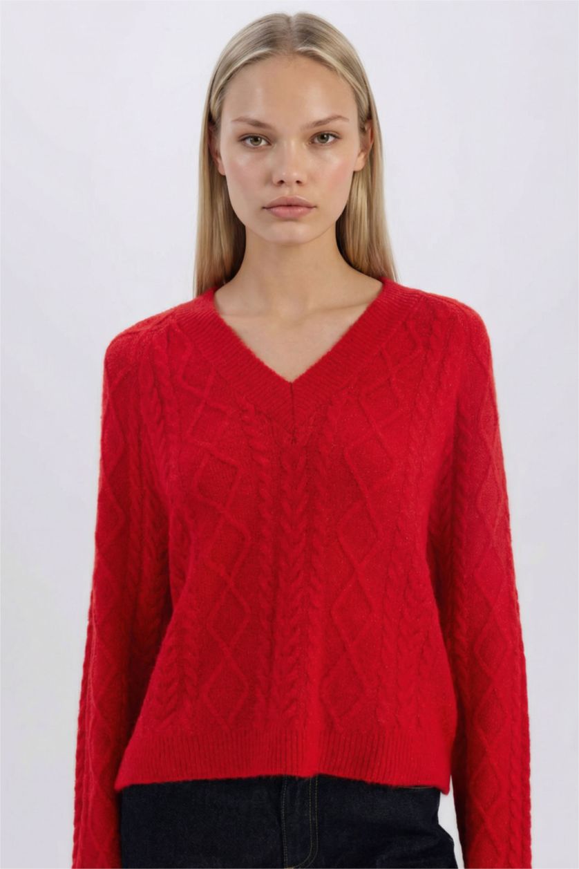 حريمي أحمر بلوفر احمر تريكو قصة مريحة بياقة V