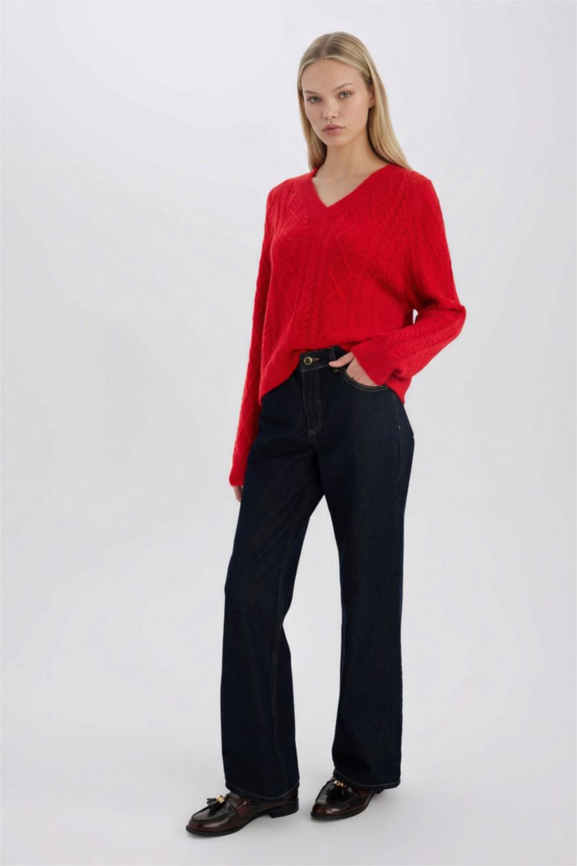 حريمي أحمر بلوفر احمر تريكو قصة مريحة بياقة V