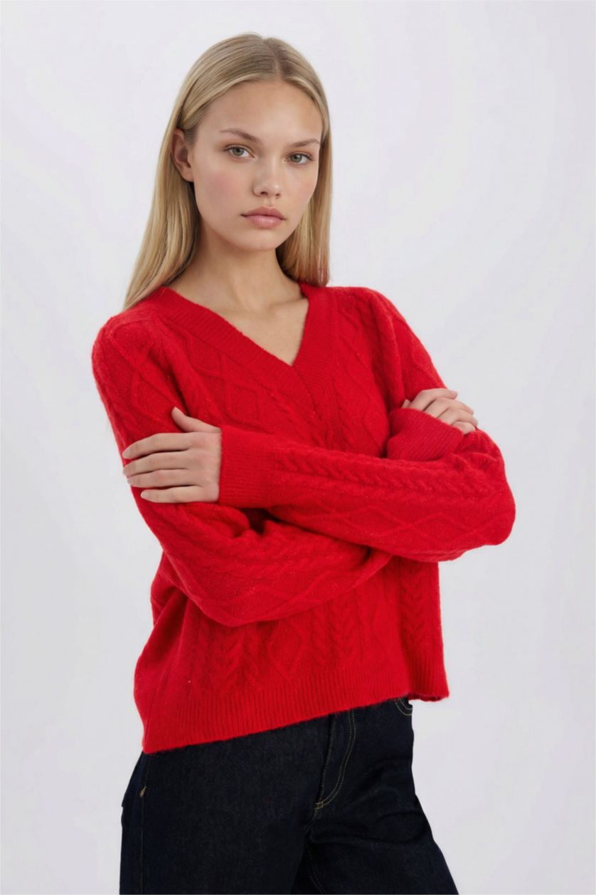 حريمي أحمر بلوفر احمر تريكو قصة مريحة بياقة V