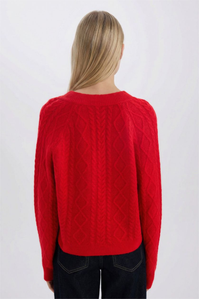 حريمي أحمر بلوفر احمر تريكو قصة مريحة بياقة V