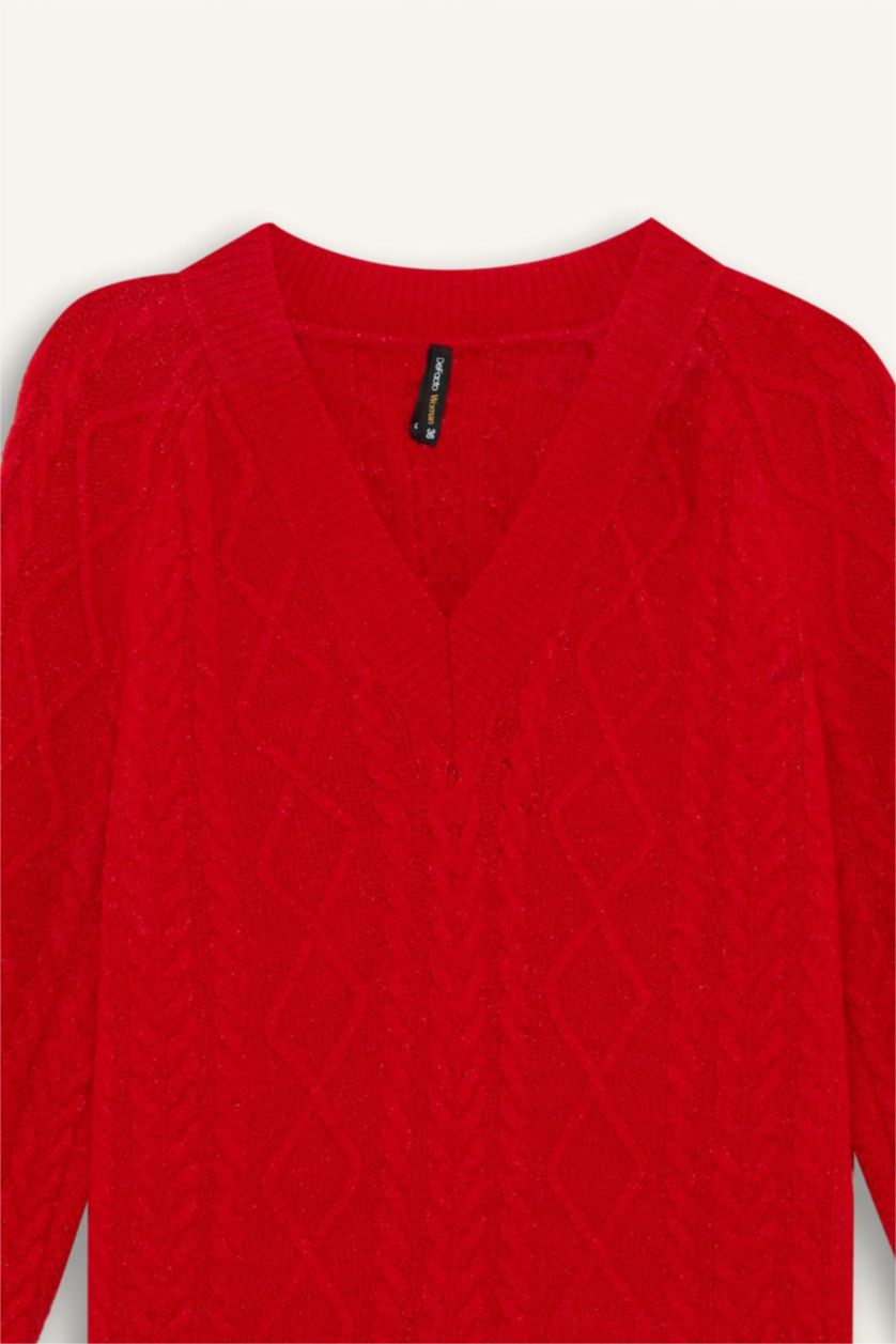 حريمي أحمر بلوفر احمر تريكو قصة مريحة بياقة V