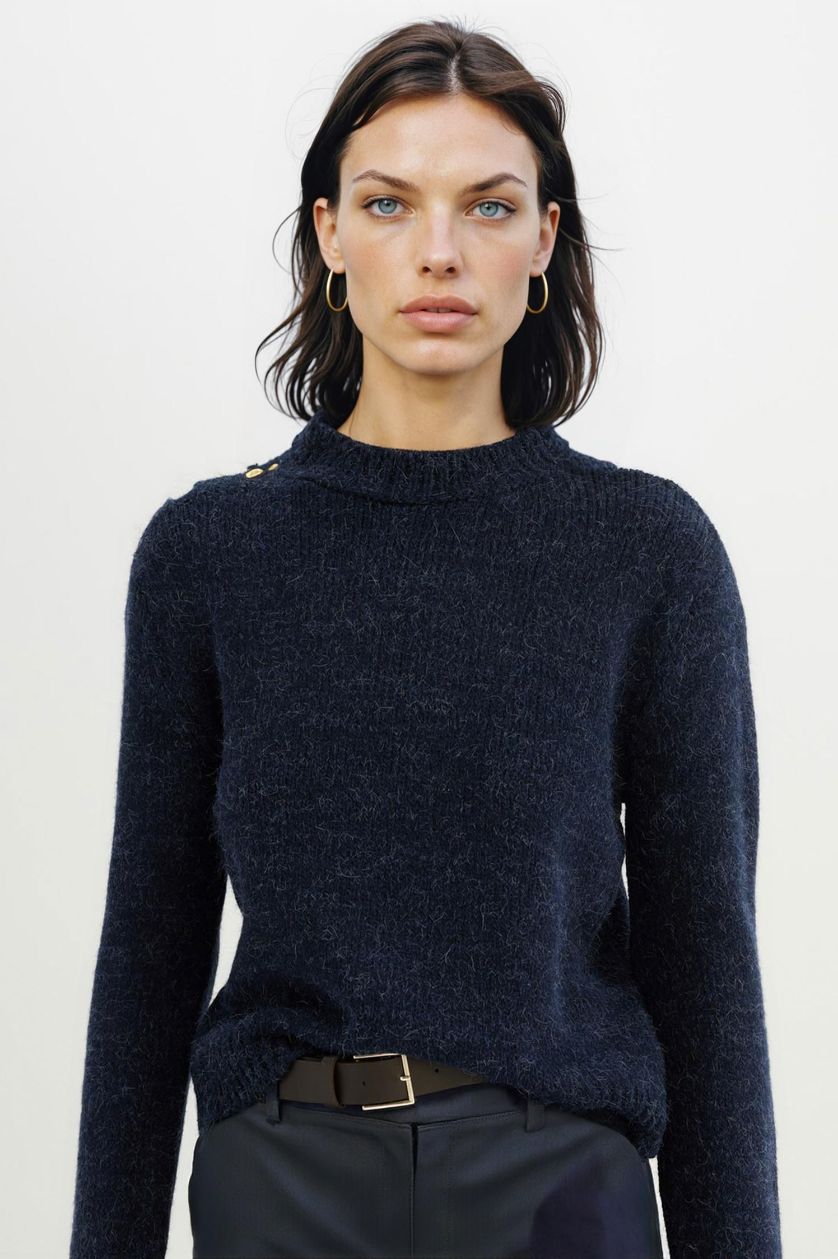 Kadın Lacivert Regular Fit Yumuşak Dokulu Bisiklet Yaka Triko Kazak