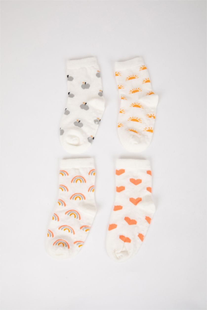 Kız Bebek Beyaz Kız Bebek Dikişsiz 4'lü Pamuklu Uzun Çorap