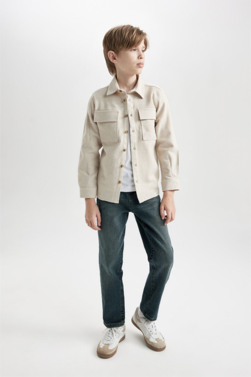 Erkek Çocuk - Genç Erkek Bej Erkek Çocuk Polo Yaka Uzun Kollu Çift Cepli Gömlek