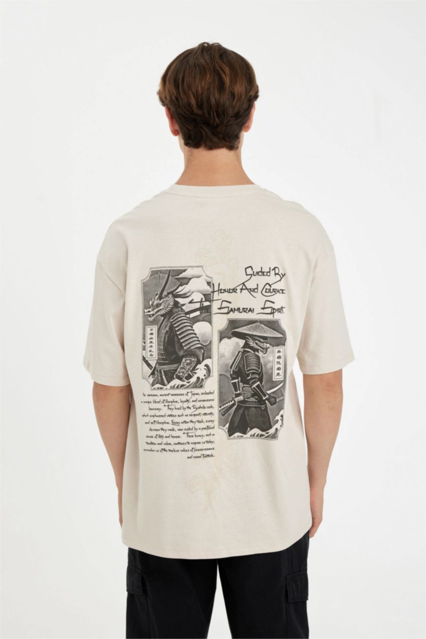 Erkek Taş %100 Pamuk Boxy Fit Bisiklet Yaka Sırt Baskılı Kısa Kollu Tişört