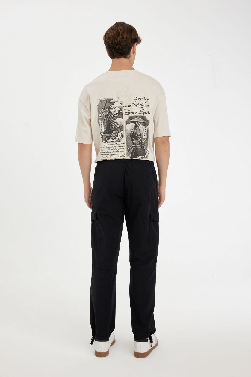 Erkek Siyah %100 Pamuk Yazlık Pantolon Wide Leg Bol Rahat Kesim Kargo Cepli Paraşüt Geniş Bol Paça