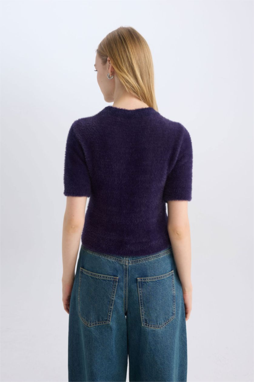 Kadın Lacivert Fitted Bisiklet Yaka Yıldız Baskılı Kısa Kollu Pelüş Triko Kazak