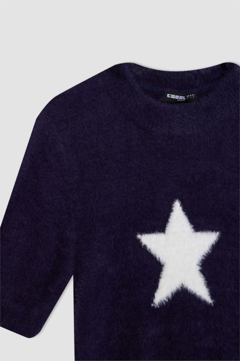 Kadın Lacivert Fitted Bisiklet Yaka Yıldız Baskılı Kısa Kollu Pelüş Triko Kazak