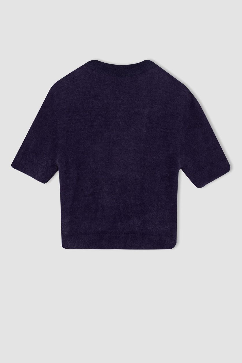 Kadın Lacivert Fitted Bisiklet Yaka Yıldız Baskılı Kısa Kollu Pelüş Triko Kazak