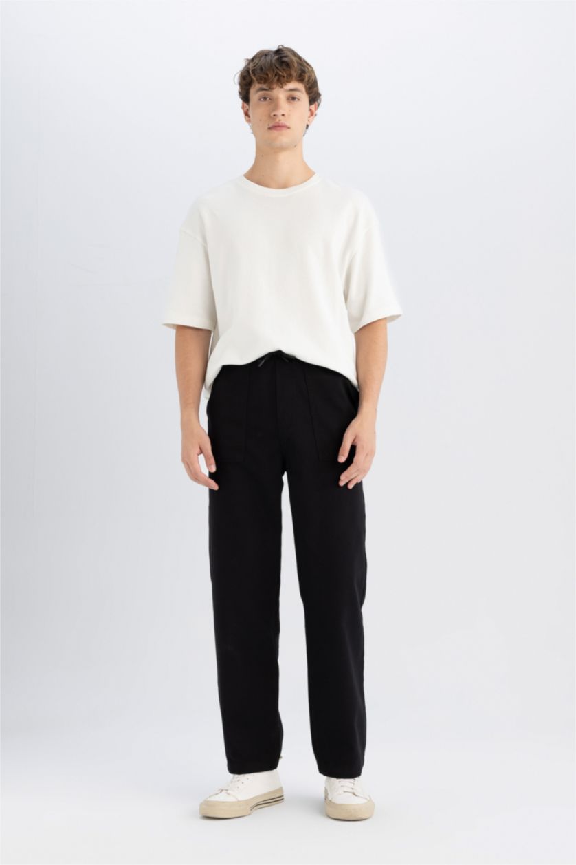 HOMME Noir Pantalon en coton large style parachute taille à cordon de serrage