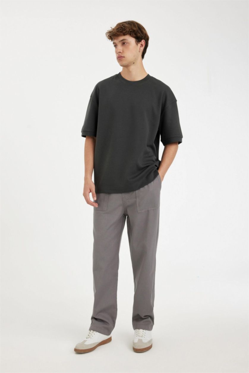 Erkek Gri %100 Pamuk Yazlık Jogger Pantolon Wide Leg Bol Rahat Kesim Paraşüt Beli Bağcıklı Geniş Bol Paça