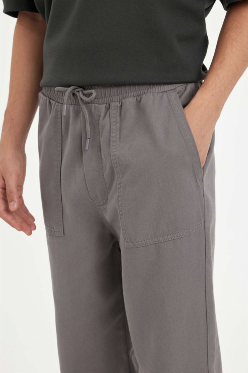 Erkek Gri %100 Pamuk Yazlık Jogger Pantolon Wide Leg Bol Rahat Kesim Paraşüt Beli Bağcıklı Geniş Bol Paça