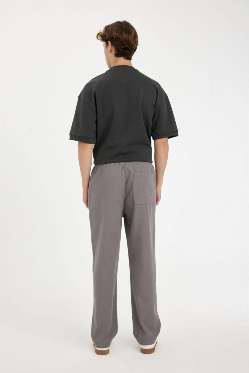 Erkek Gri %100 Pamuk Yazlık Jogger Pantolon Wide Leg Bol Rahat Kesim Paraşüt Beli Bağcıklı Geniş Bol Paça