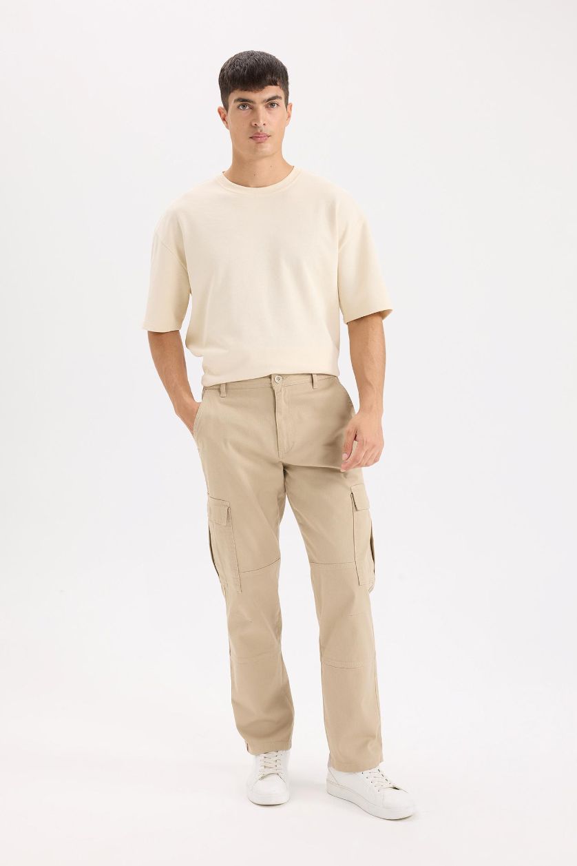 HOMME Beige Pantalon Cargo en Gabardine large à poches