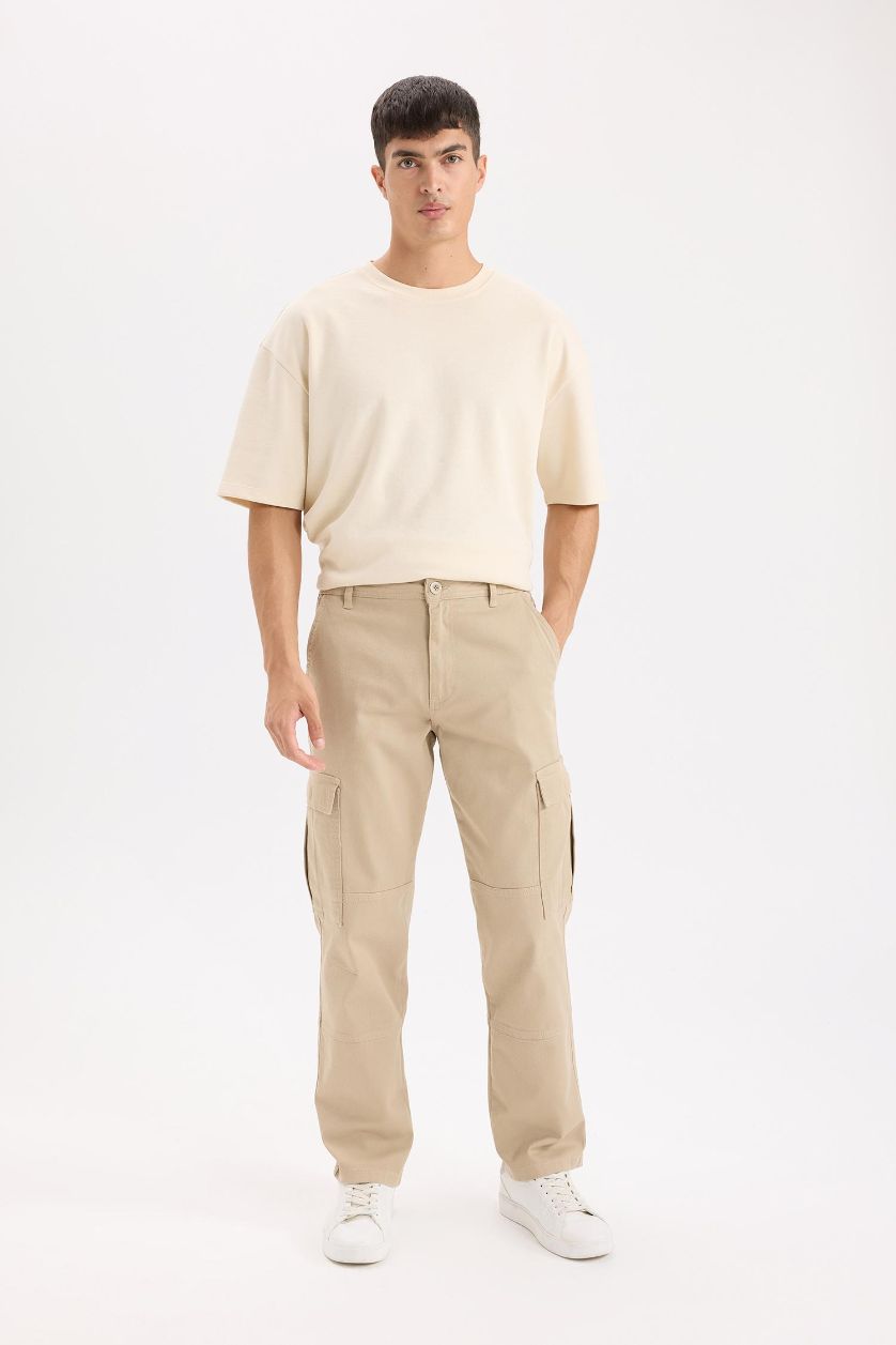 HOMME Beige Pantalon Cargo en Gabardine large à poches