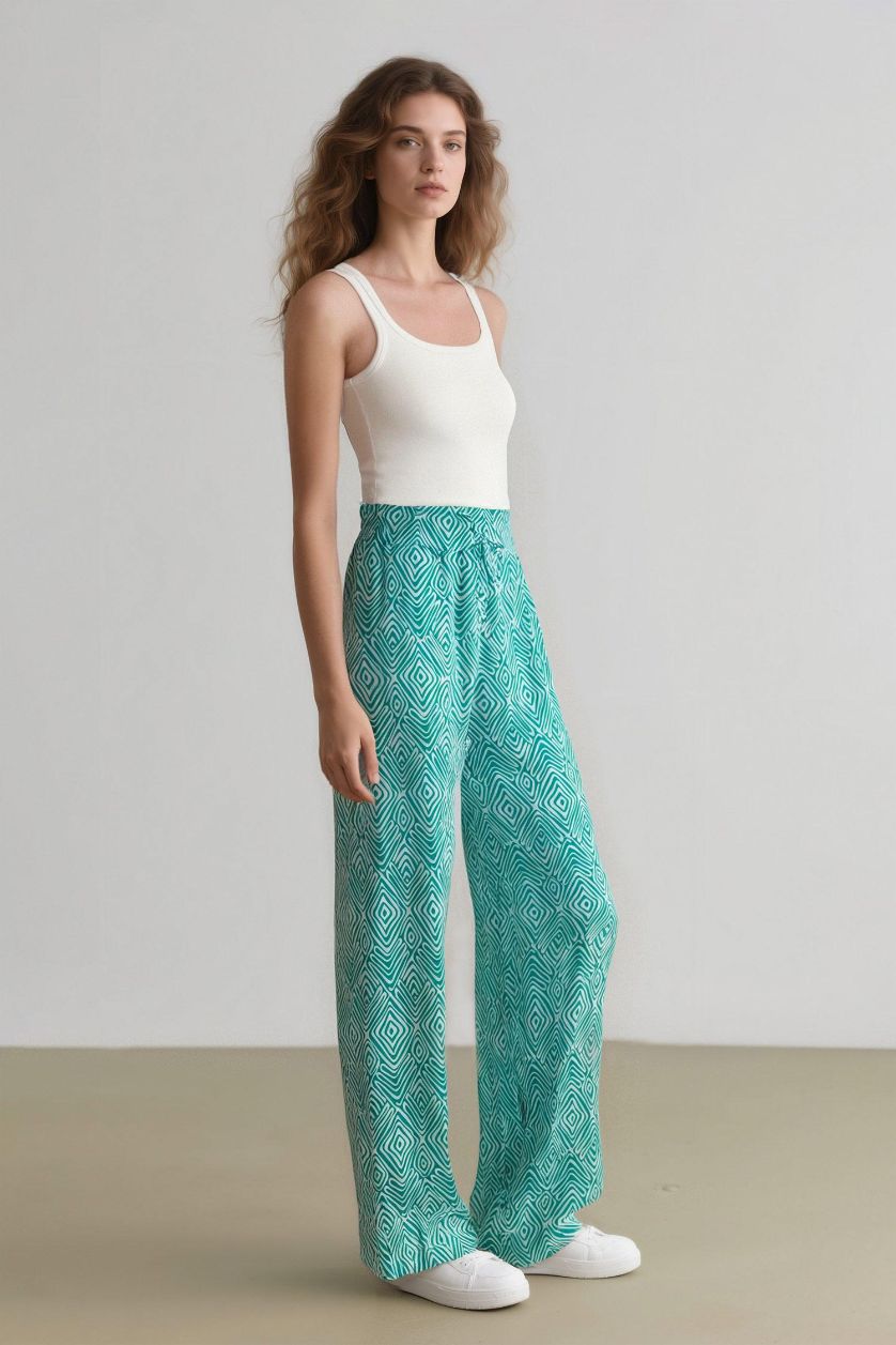 WOMAN Green Wide Leg Printed Pocket Trousers