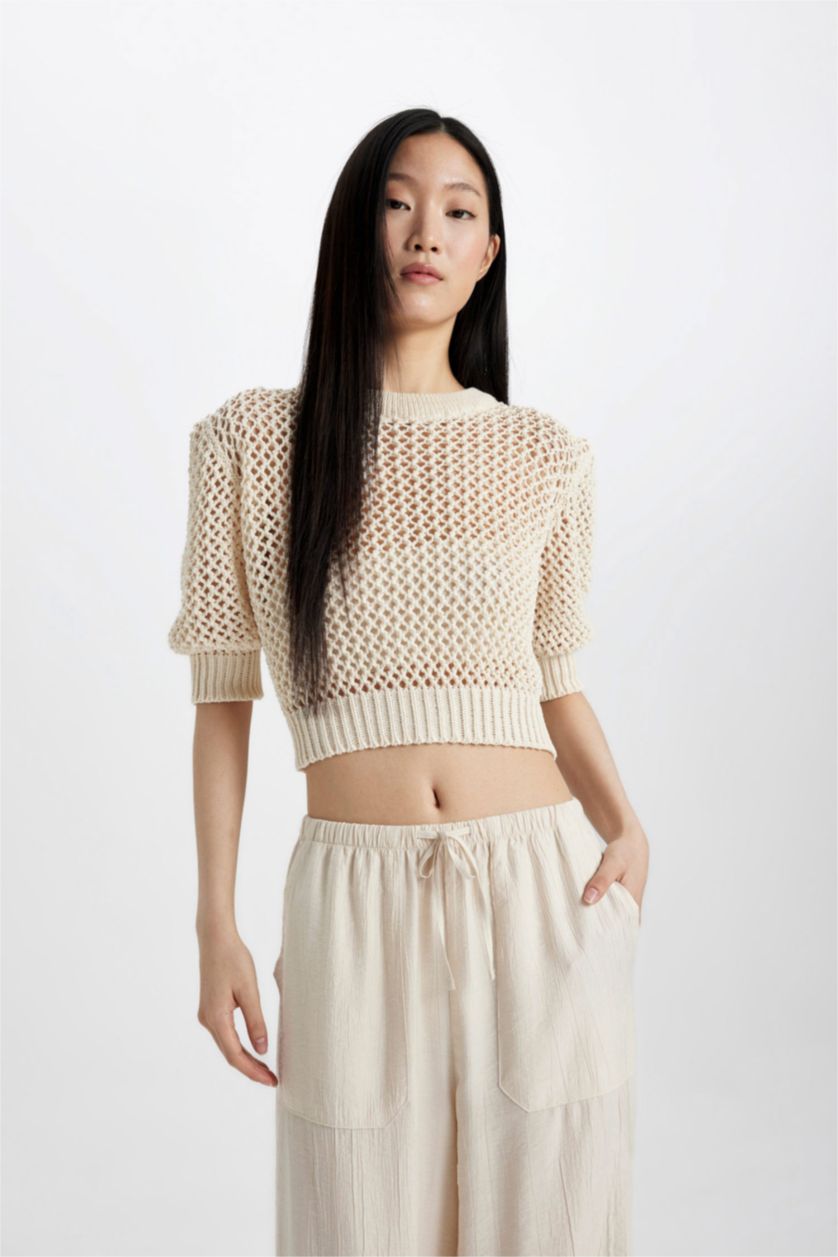 WOMAN Ecru Crew Neck Half Sleeve Crochet Pullover