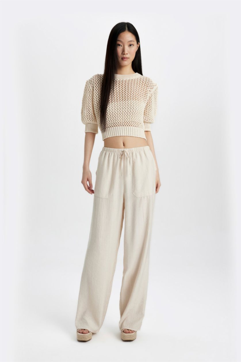 WOMAN Ecru Crew Neck Half Sleeve Crochet Pullover