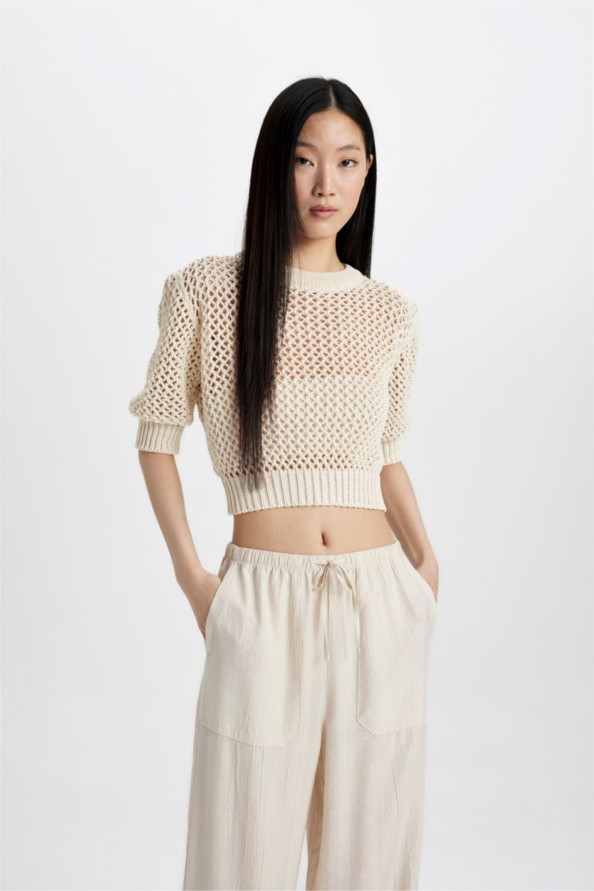 WOMAN Ecru Crew Neck Half Sleeve Crochet Pullover