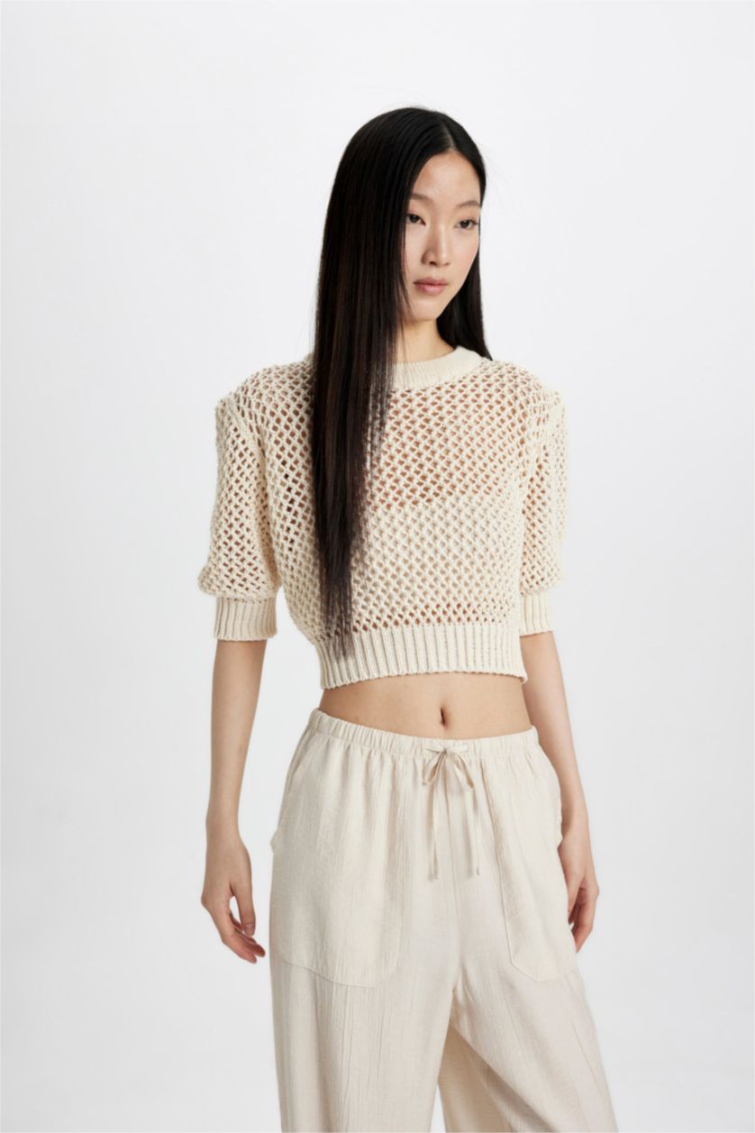 WOMAN Ecru Crew Neck Half Sleeve Crochet Pullover